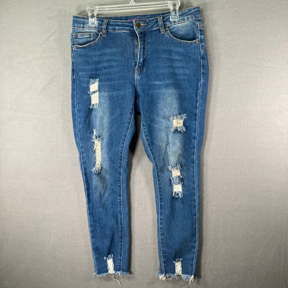 Bamboo Jeans‎ Womens 12 Medium Wash Distressed Skinny Frayed Hem Denim